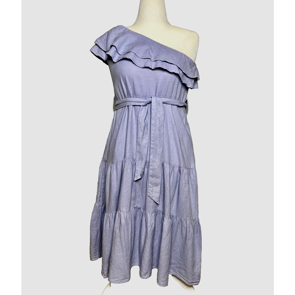 Nicole Miller One Shoulder Dress M Blue Linen Ruffle Tiered Cottage Coastal Boho